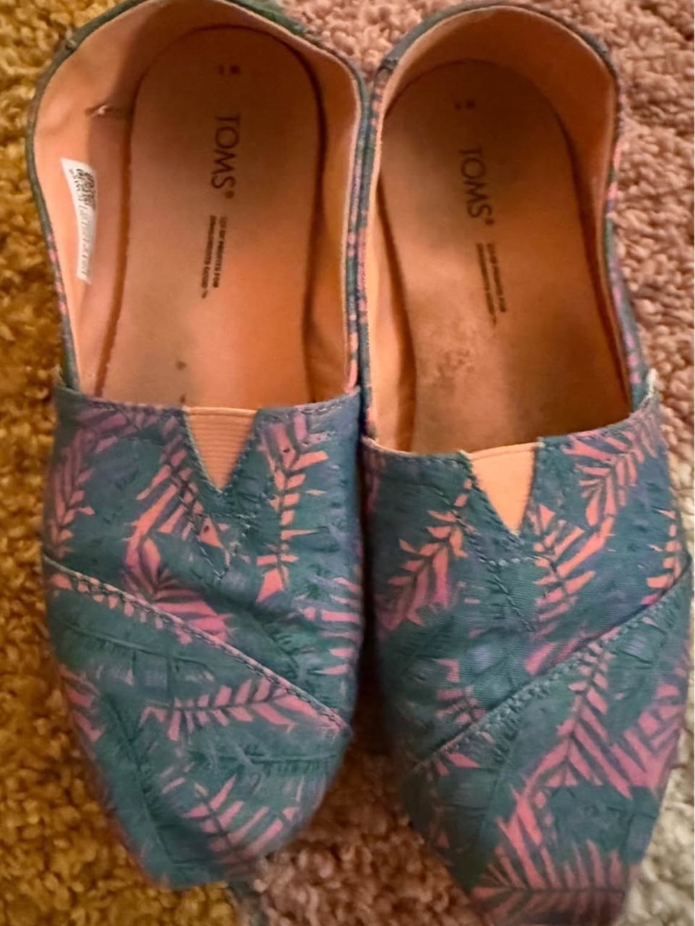 Toms Teal and Pink Leaf-Print Slip-On Flats
